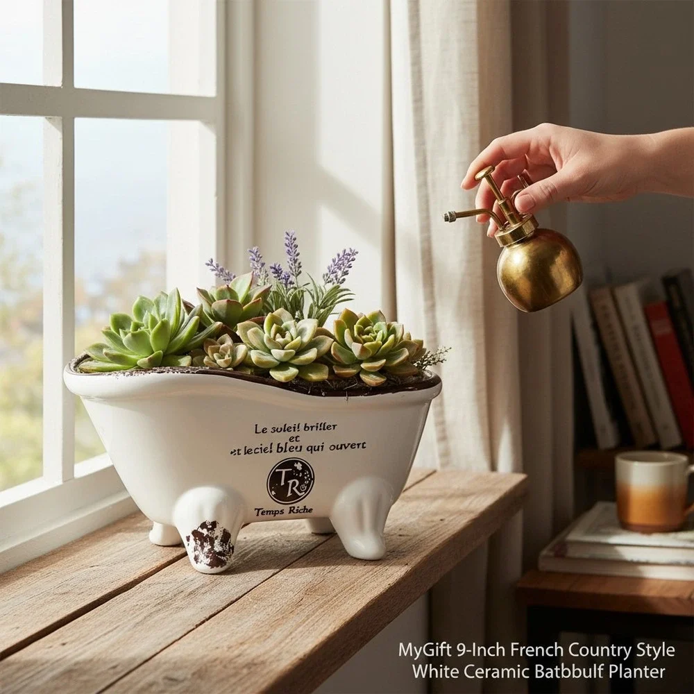 MyGift Bathtub Planter 9-Inch White Ceramic French Country